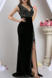 Black Elegant Solid Color High Slit Hot Drill Deep V Neck Evening Dresses