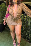 Brown Sexy Print Ruched Deep V Neck Wrapped Skirt Dresses