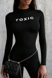 Black Casual Letters Patchwork O Neck Skinny Jumpsuits