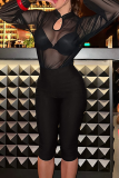 Black Sexy Solid Color Mesh Mandarin Collar Long Sleeve Two Pieces