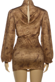 Brown Sexy Print Ruched Deep V Neck Wrapped Skirt Dresses