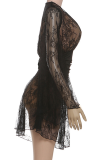 Black Sexy Solid Color Lace Deep V Neck Long Sleeve Two Pieces