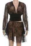 Black Sexy Solid Color Lace Deep V Neck Long Sleeve Two Pieces