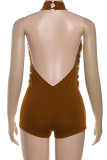 Brown Sexy Zipper Mandarin Collar Skinny Rompers