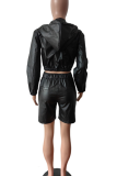 Black Casual Solid Color Zipper Zipper Collar Long Sleeve Two Pieces