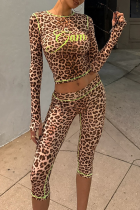 Leopard Print Casual Leopard Print Contrast O Neck Long Sleeve Two Pieces