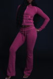 Rose Red Casual Solid Color Zipper Hooded Long Sleeve Two Pieces