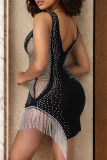 Black Sexy Solid Color Fringed Trim Hot Drill V Neck Wrapped Skirt Dresses