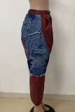 Purplish Red Casual Contrast Harlan Denim Jeans