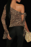 Leopard Print Sexy Leopard Print Patchwork Oblique Collar T-Shirts