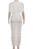 White Sexy Solid Color See-Through O Neck Long Dresses