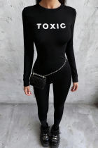 Black Casual Letters Patchwork O Neck Skinny Jumpsuits