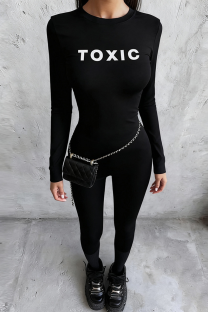 Black Casual Letters Patchwork O Neck Skinny Jumpsuits