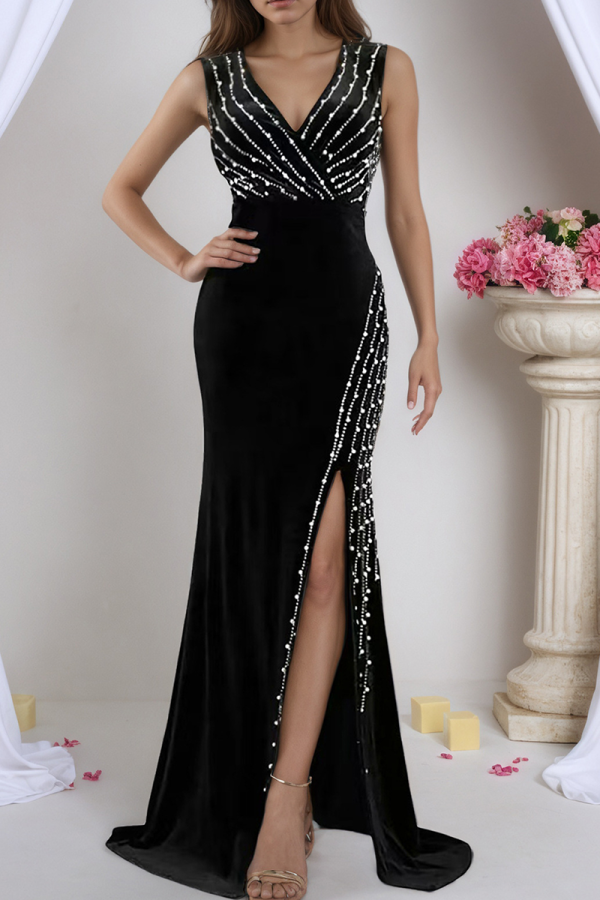 Black Elegant Solid Color High Slit Hot Drill Deep V Neck Evening Dresses