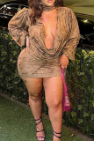 Brown Sexy Print Ruched Deep V Neck Wrapped Skirt Dresses