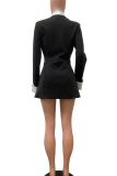Black Casual Solid Color Buckle Contrast Turn-back Collar Suit Dresses