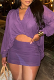 Purple Casual Solid Color Patchwork Turndown Collar Long Sleeve Two Pieces
