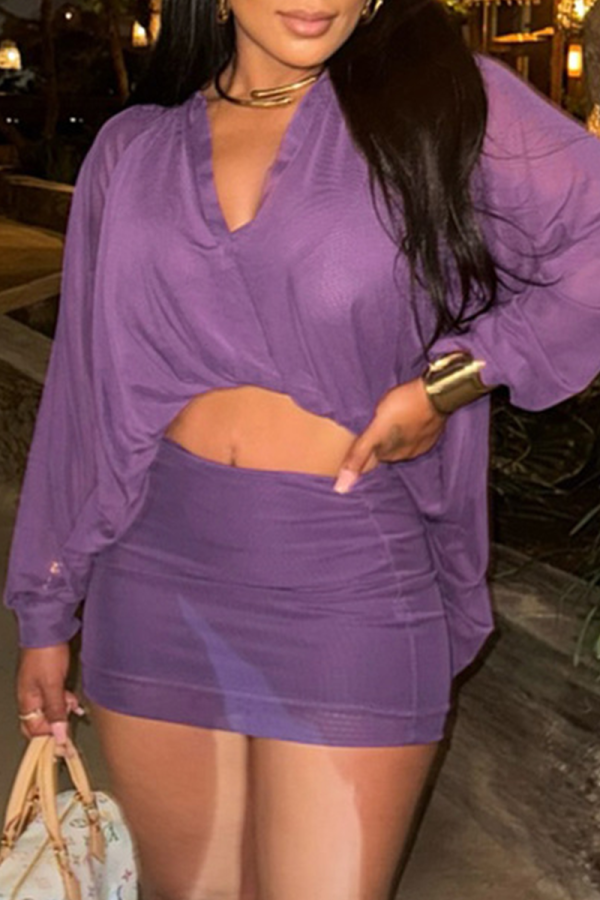 Purple Casual Solid Color Patchwork Turndown Collar Long Sleeve Two Pieces