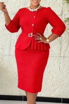 Red Elegant Solid Color Pleated O Neck Wrapped Skirt Dresses