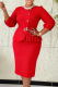 Red Elegant Solid Color Pleated O Neck Wrapped Skirt Dresses
