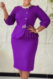 Purple Elegant Solid Color Pleated O Neck Wrapped Skirt Dresses
