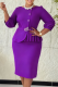 Purple Elegant Solid Color Pleated O Neck Wrapped Skirt Dresses