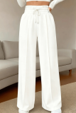 White Casual Solid Color Draw String Loose Mid Waist Conventional Patchwork Bottoms