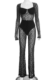 Black Sexy Solid Color Lace Square Neck Skinny Jumpsuits