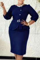 Deep Blue Elegant Solid Color Pleated O Neck Wrapped Skirt Dresses