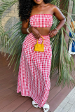 Red Casual Plaid Contrast Strapless Sleeveless Two Pieces