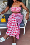 Red Casual Plaid Contrast Strapless Sleeveless Two Pieces