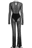 Black Sexy Solid Color Lace Square Neck Skinny Jumpsuits