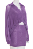 Purple Casual Solid Color Patchwork Turndown Collar Long Sleeve Two Pieces