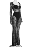 Black Sexy Solid Color Lace Square Neck Skinny Jumpsuits