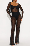 Black Sexy Solid Color Lace Square Neck Skinny Jumpsuits