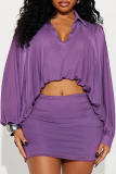Purple Casual Solid Color Patchwork Turndown Collar Long Sleeve Two Pieces