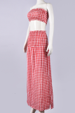 Red Casual Plaid Contrast Strapless Sleeveless Two Pieces