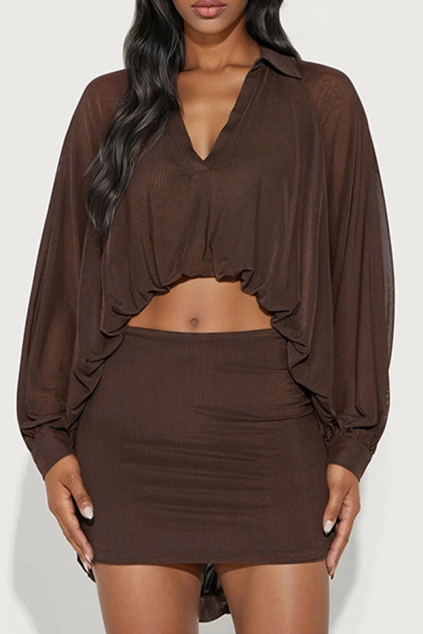 Brown Casual Solid Color Patchwork Turndown Collar Long Sleeve Two Pieces