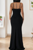 Black Sexy Solid Color Hot Drill Spaghetti Strap Long Dresses