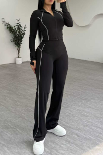 Black Casual Solid Color Zipper Zipper Collar Long Sleeve Two Pieces
