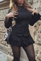 Black Casual Solid Color Zipper Zipper Collar Long Sleeve Two Pieces