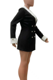 Black Casual Solid Color Buckle Contrast Turn-back Collar Suit Dresses