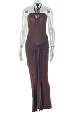 Dark Brown Elegant Solid Color Strap Design Halter Long Dresses
