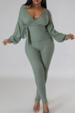 Green Casual Solid Color Strap Design V Neck Long Sleeve Two Pieces