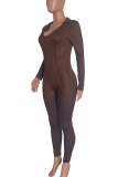 Coffee Casual Solid Color Patchwork V Neck Skinny Jumpsuits