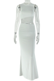 White Elegant Solid Color Hollow Out O Neck Long Dresses