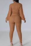 Green Casual Solid Color Strap Design V Neck Long Sleeve Two Pieces