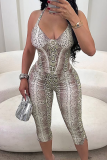 Snake Print Sexy Snakeskin Print Patchwork Halter Skinny Rompers