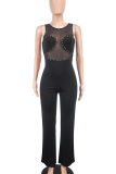 Black Casual Solid Color Hot Drill O Neck Regular Jumpsuits