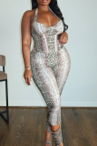 Snake Print Sexy Snakeskin Print Patchwork Halter Skinny Rompers